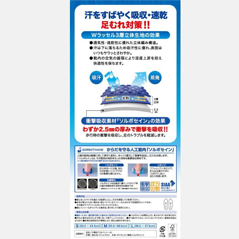 ソルボ衝撃吸収＋乾インソール 吸汗・速乾・通気　ブラック