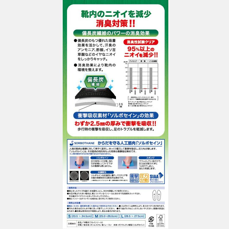 ソルボ衝撃吸収＋炭インソール 消臭・抗菌　ブラック
