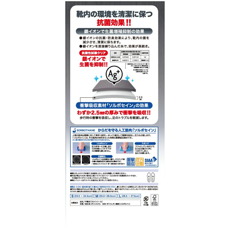 ソルボ衝撃吸収＋銀インソール 清潔・抗菌　グレー